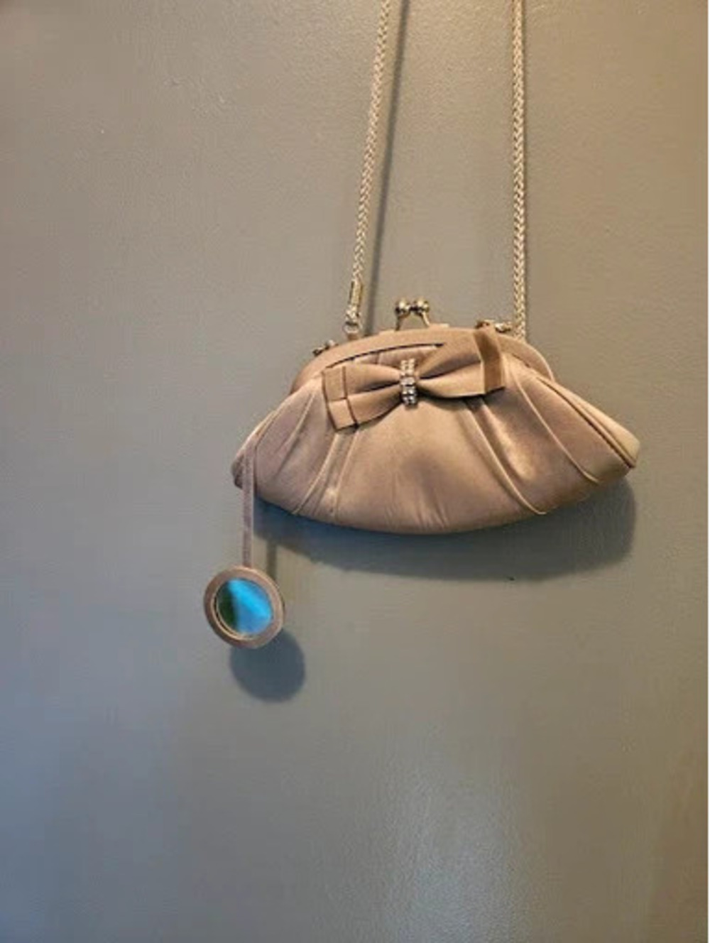 Vintage Apt 9 Silver Satin Evening Clutch Bag with Rhinestone Bow & Mirror